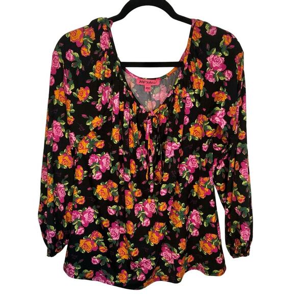 Betsey Johnson Tops - Betsey Johnson Size Large Floral Blouse Tie-Front Neon Rose Print